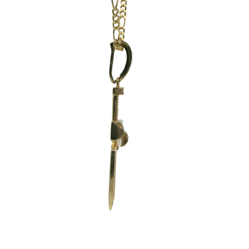 14KT Gold Charm Large Triple Nail Cross with White CZ Stones Nail Heads and Bell