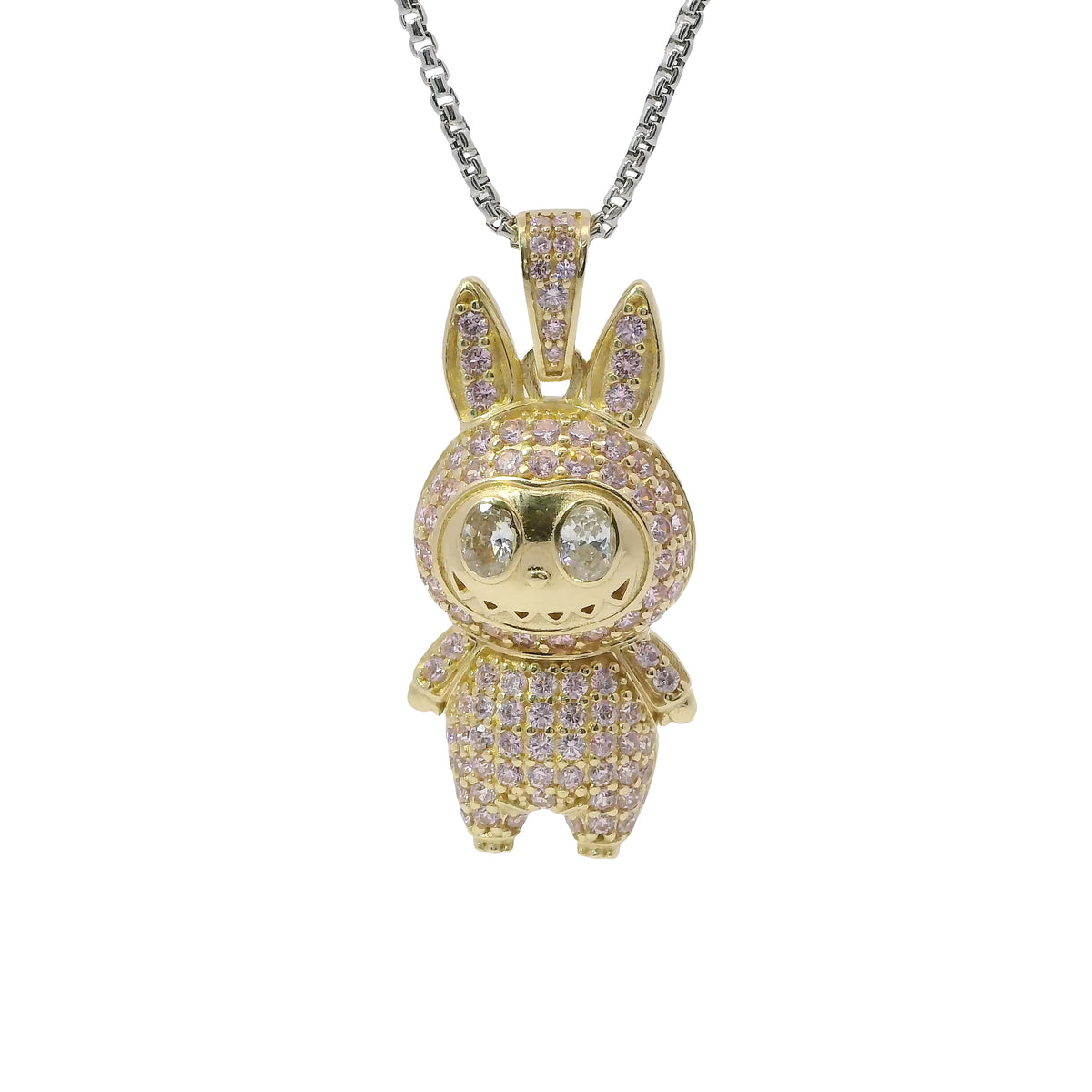 14KT Gold Charm Large 3D Flat Back LaBuBu White Oval CZ Stones Eyes, Pink CZ Stones Body and Bell