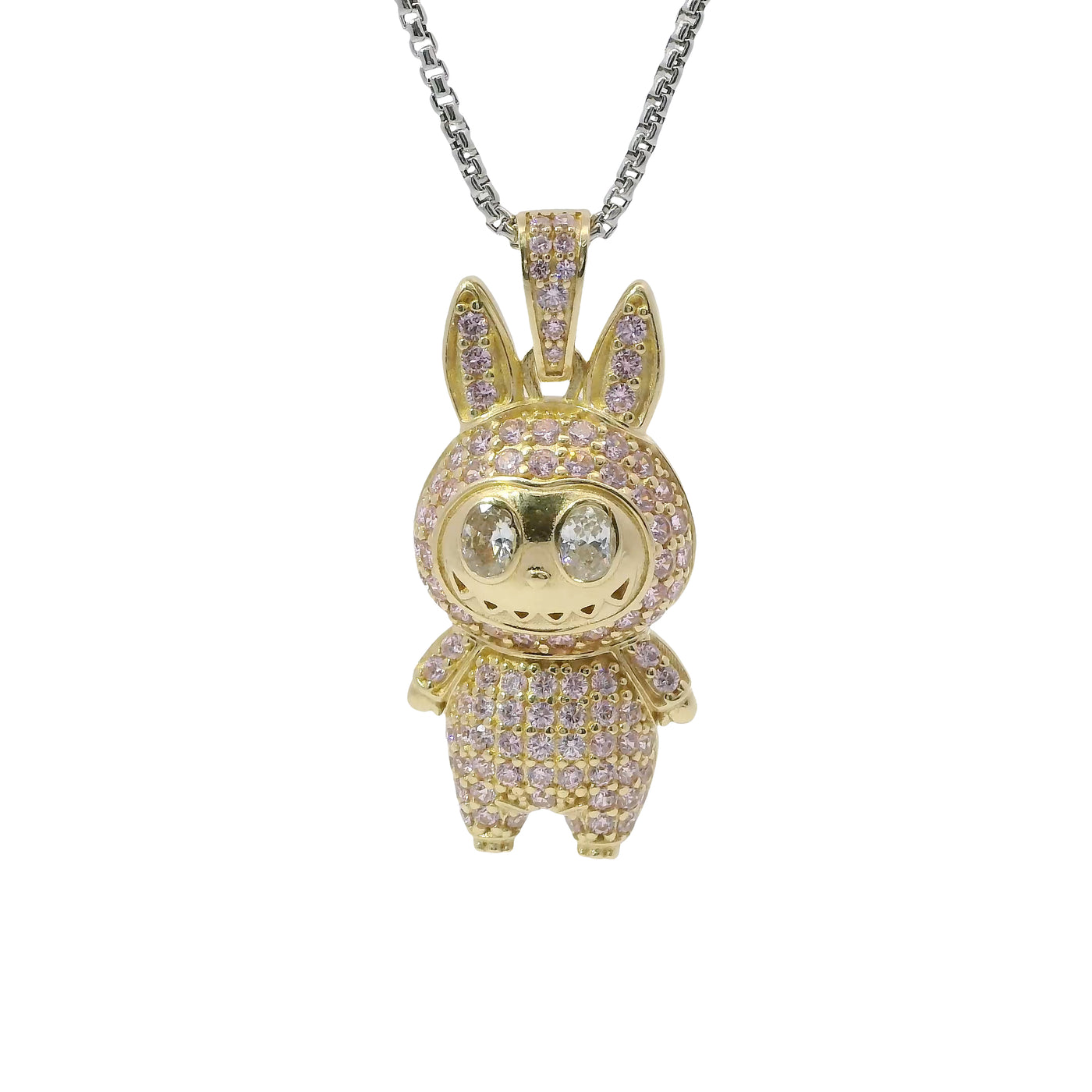 14KT Gold Charm Large 3D Flat Back LaBuBu White Oval CZ Stones Eyes, Pink CZ Stones Body and Bell