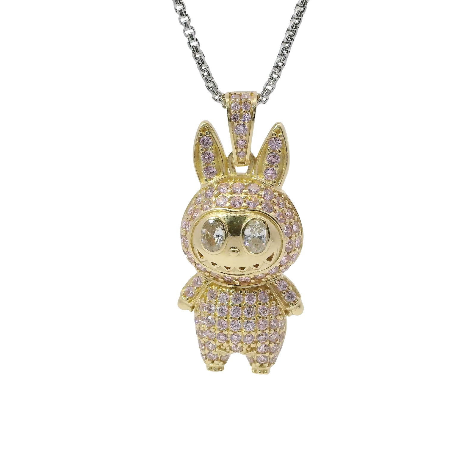 14KT Gold Charm Large 3D Flat Back LaBuBu White Oval CZ Stones Eyes, Pink CZ Stones Body and Bell