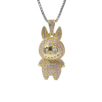 14KT Gold Charm Large 3D Flat Back LaBuBu White Oval CZ Stones Eyes, Pink CZ Stones Body and Bell