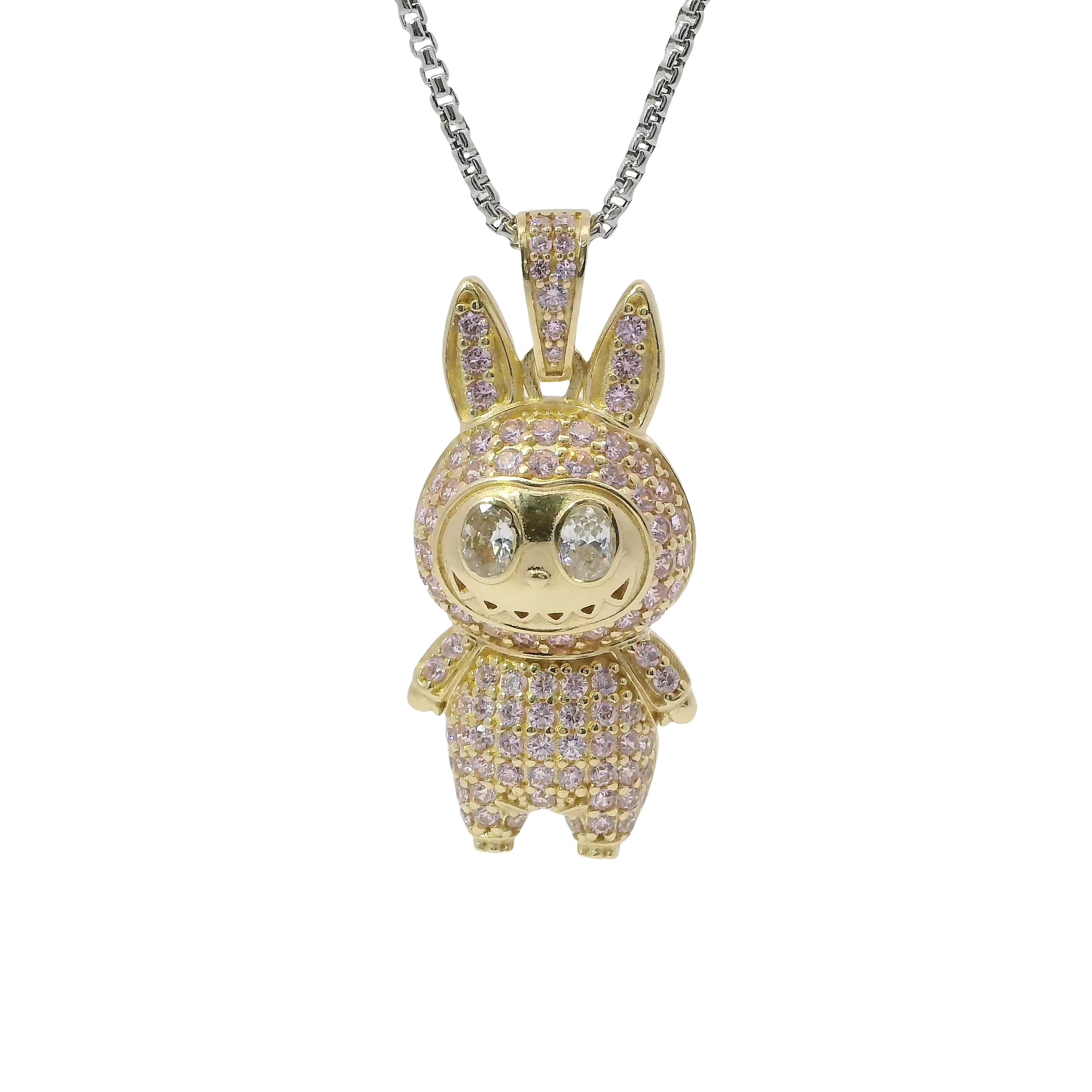 14KT Gold Charm Large 3D Flat Back LaBuBu White Oval CZ Stones Eyes, Pink CZ Stones Body and Bell