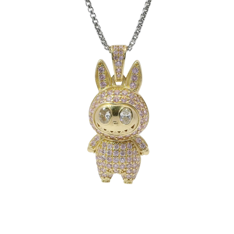 14KT Gold Charm Large 3D Flat Back LaBuBu White Oval CZ Stones Eyes, Pink CZ Stones Body and Bell