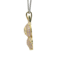 14KT Gold Charm Large 3D Flat Back LaBuBu White Oval CZ Stones Eyes, Pink CZ Stones Body and Bell