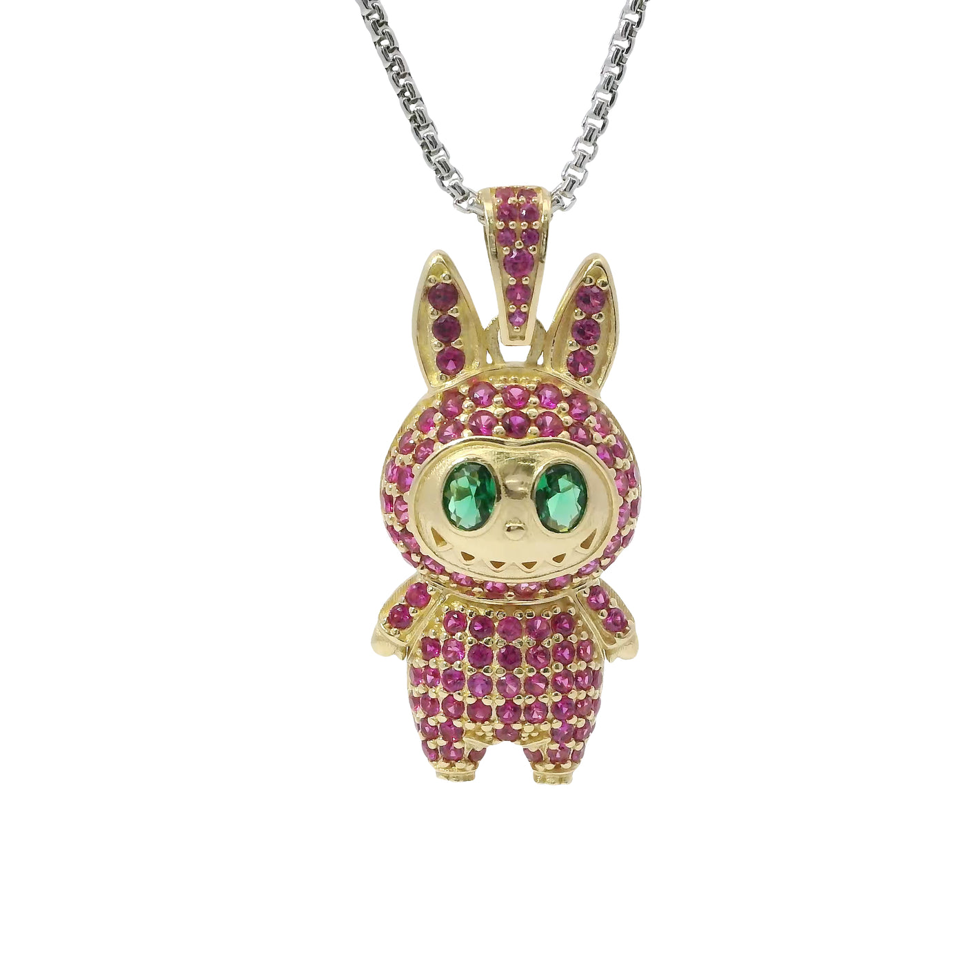 14KT Gold Charm Large 3D Flat Back LaBuBu Dark Green Oval CZ Stones Eyes, Dark Pink CZ Stones Body and Bell