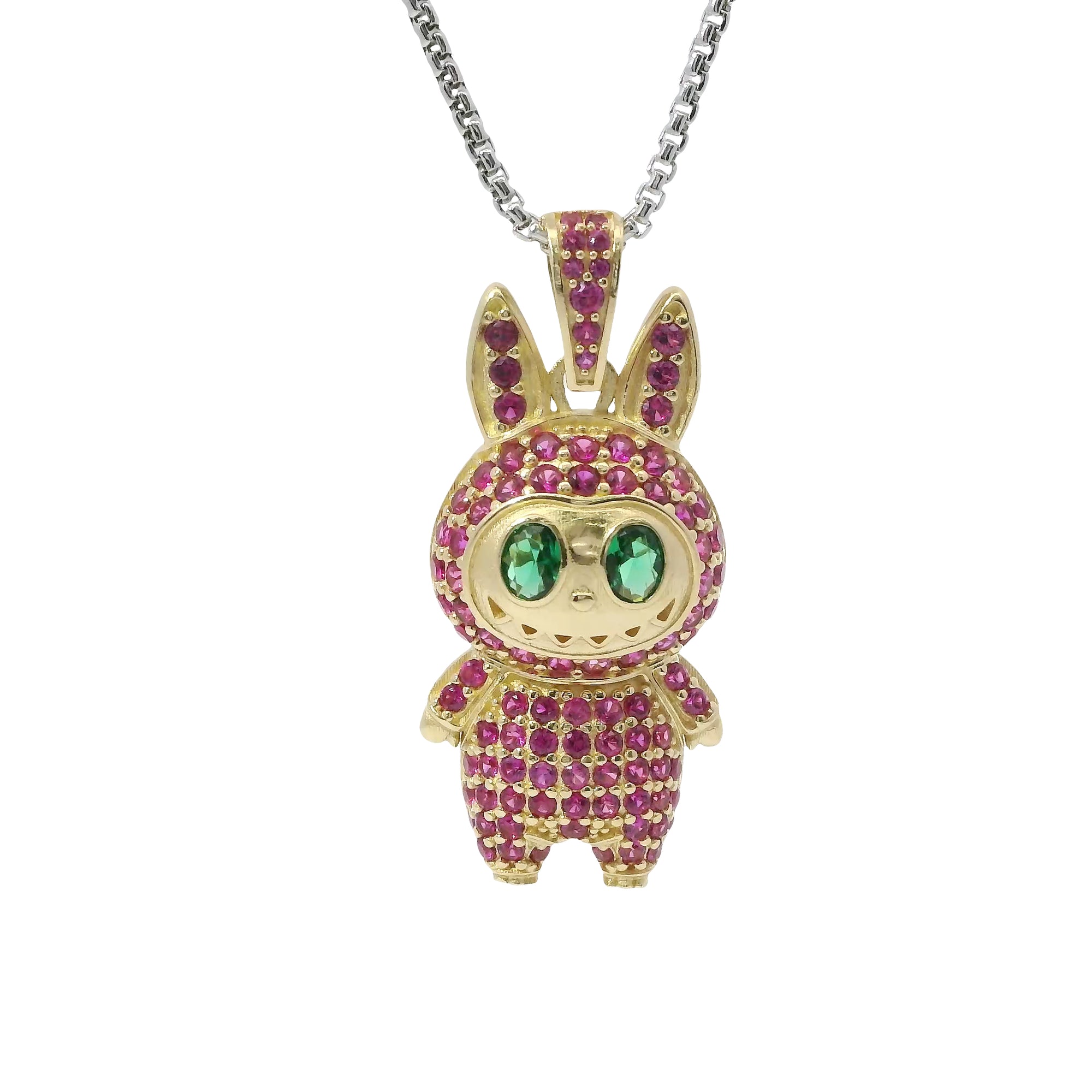 14KT Gold Charm Large 3D Flat Back LaBuBu Dark Green Oval CZ Stones Eyes, Dark Pink CZ Stones Body and Bell