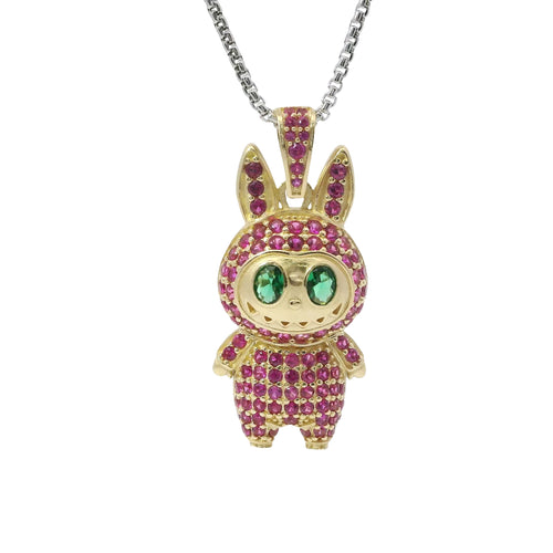 14KT Gold Charm Large 3D Flat Back LaBuBu Dark Green Oval CZ Stones Eyes, Dark Pink CZ Stones Body and Bell