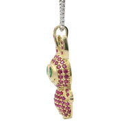 14KT Gold Charm Large 3D Flat Back LaBuBu Dark Green Oval CZ Stones Eyes, Dark Pink CZ Stones Body and Bell