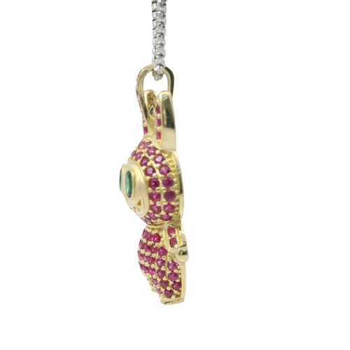 14KT Gold Charm Large 3D Flat Back LaBuBu Dark Green Oval CZ Stones Eyes, Dark Pink CZ Stones Body and Bell
