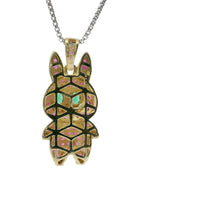 14KT Gold Charm Large 3D Flat Back LaBuBu Dark Green Oval CZ Stones Eyes, Dark Pink CZ Stones Body and Bell