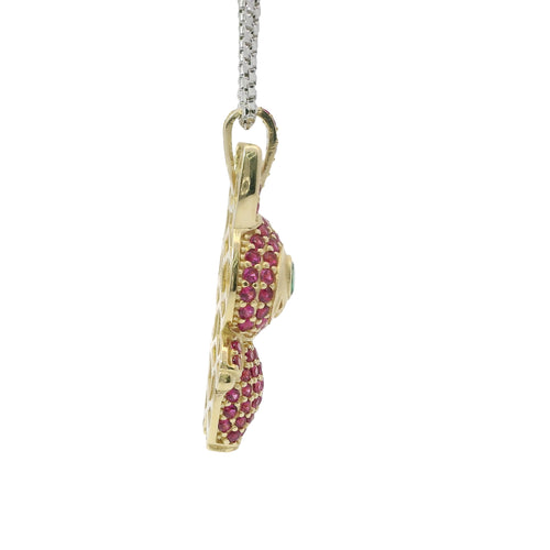 14KT Gold Charm Large 3D Flat Back LaBuBu Dark Green Oval CZ Stones Eyes, Dark Pink CZ Stones Body and Bell