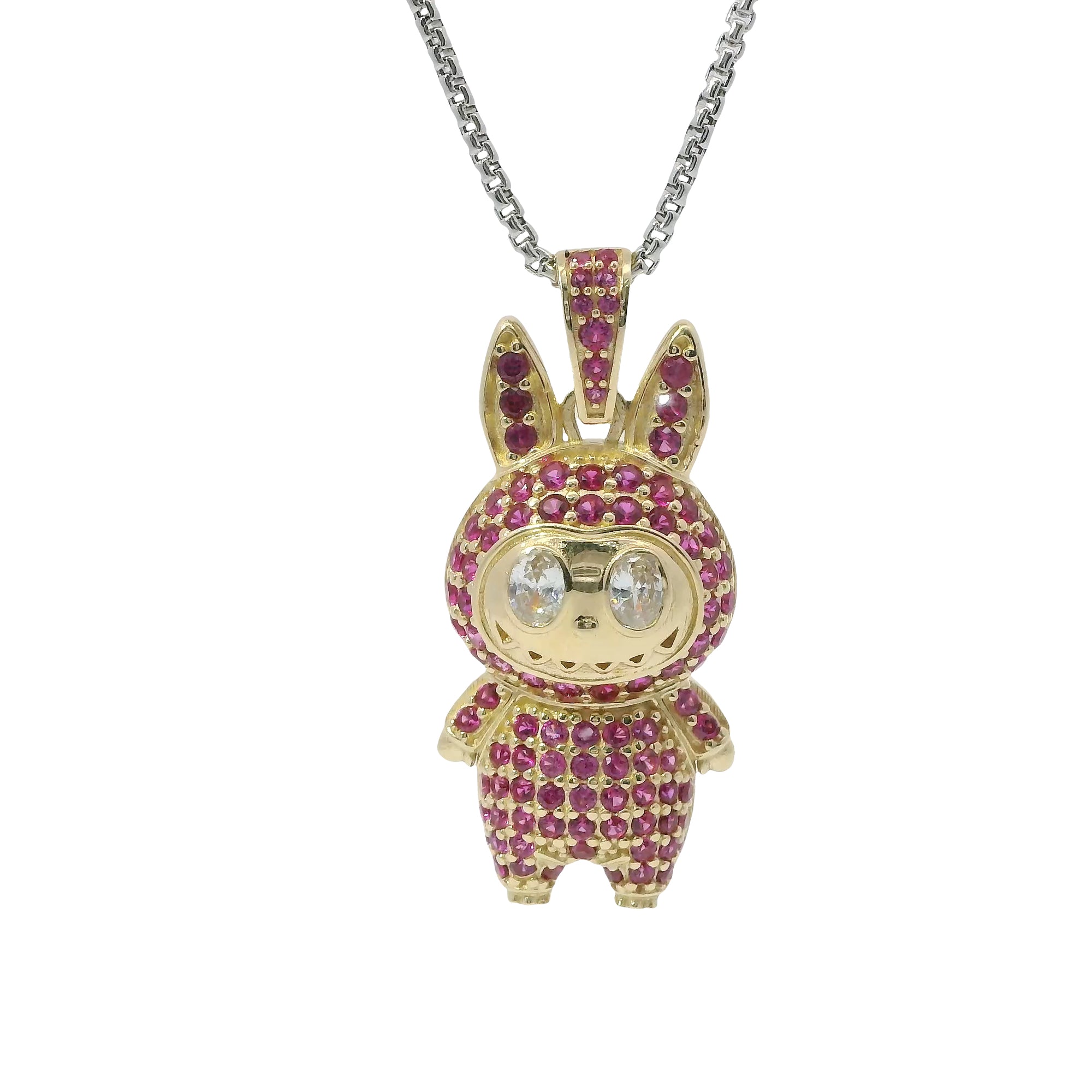 14KT Gold Charm Large 3D Flat Back LaBuBu White Oval CZ Stones Eyes, Dark Pink CZ Stones Body and Bell