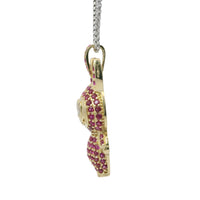 14KT Gold Charm Large 3D Flat Back LaBuBu White Oval CZ Stones Eyes, Dark Pink CZ Stones Body and Bell