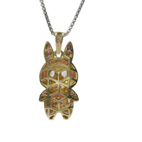 14KT Gold Charm Large 3D Flat Back LaBuBu White Oval CZ Stones Eyes, Dark Pink CZ Stones Body and Bell