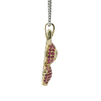 14KT Gold Charm Large 3D Flat Back LaBuBu White Oval CZ Stones Eyes, Dark Pink CZ Stones Body and Bell