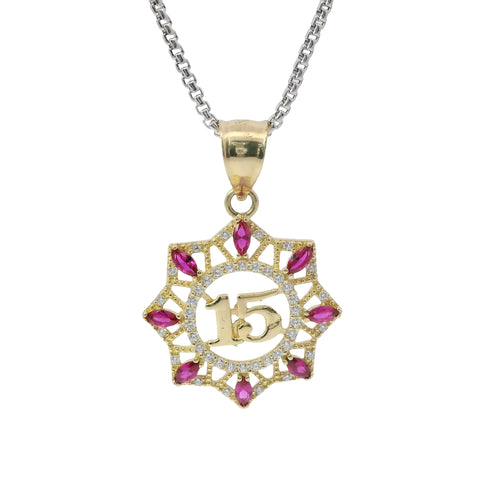 14KT Gold Charm Large Quinceanera "15" Open Webbed Wreath with Dark Pink and White Round CZ Stones Border with Plain Bell