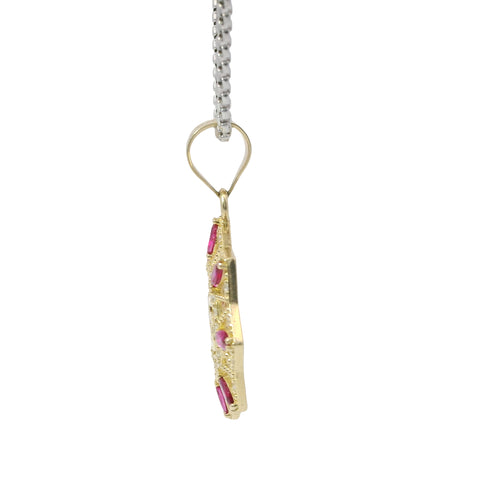 14KT Gold Charm Large Quinceanera "15" Open Webbed Wreath with Dark Pink and White Round CZ Stones Border with Plain Bell