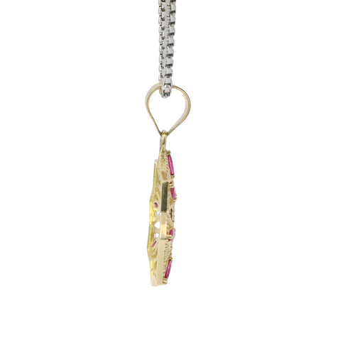 14KT Gold Charm Large Quinceanera "15" Open Webbed Wreath with Dark Pink and White Round CZ Stones Border with Plain Bell