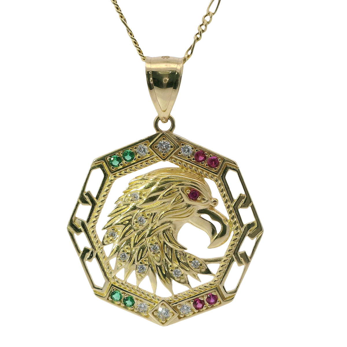 14KT Gold Charm Large Eagle with Red CZ Eye with Red, White, and Green CZ Stones Octagon Frame and Plain Bell