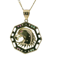 14KT Gold Charm Large Eagle with Red CZ Eye with Red, White, and Green CZ Stones Octagon Frame and Plain Bell