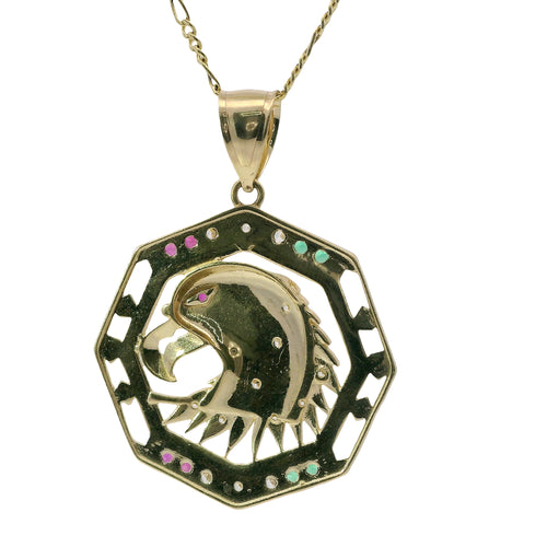 14KT Gold Charm Large Eagle with Red CZ Eye with Red, White, and Green CZ Stones Octagon Frame and Plain Bell