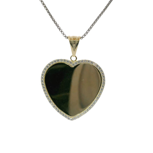 14KT Gold Charm Large Flat Plain Engravable Heart with White CZ Stones Border and Plain Bell