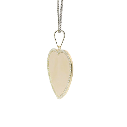 14KT Gold Charm Large Flat Plain Engravable Heart with White CZ Stones Border and Plain Bell