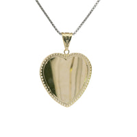 14KT Gold Charm Large Flat Plain Engravable Heart with White CZ Stones Border and Plain Bell