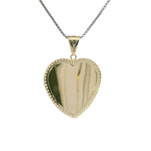 14KT Gold Charm Large Flat Plain Engravable Heart with White CZ Stones Border and Plain Bell
