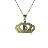14KT Gold Charm Jumbo Flur de Lis Quincenaera "15" White CZ Stones Crown with Round White CZ Stones Band and Plain Bell