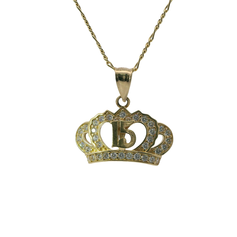 14KT Gold Charm Jumbo Flur de Lis Quincenaera "15" White CZ Stones Crown with Round White CZ Stones Band and Plain Bell