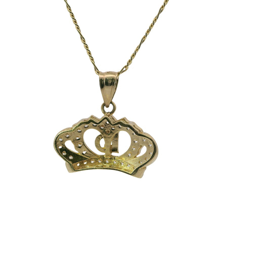 14KT Gold Charm Jumbo Flur de Lis Quincenaera "15" White CZ Stones Crown with Round White CZ Stones Band and Plain Bell