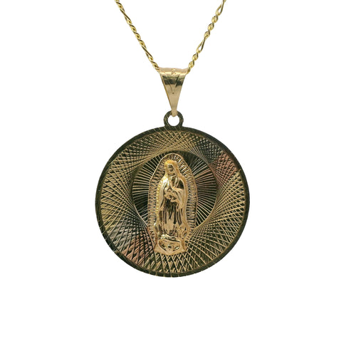14KT Gold Charm Large Round Tri Tone Graphic Line Background Virgin Mary Coin with White CZ Stone Edge and Plain Bell