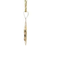14KT Gold Charm Large Round Tri Tone Graphic Line Background Virgin Mary Coin with White CZ Stone Edge and Plain Bell