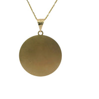 14KT Gold Charm Large Round Tri Tone Graphic Line Background Virgin Mary Coin with White CZ Stone Edge and Plain Bell