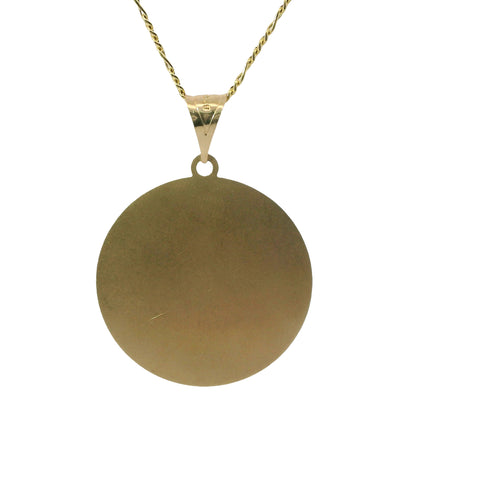 14KT Gold Charm Large Round Tri Tone Graphic Line Background Virgin Mary Coin with White CZ Stone Edge and Plain Bell