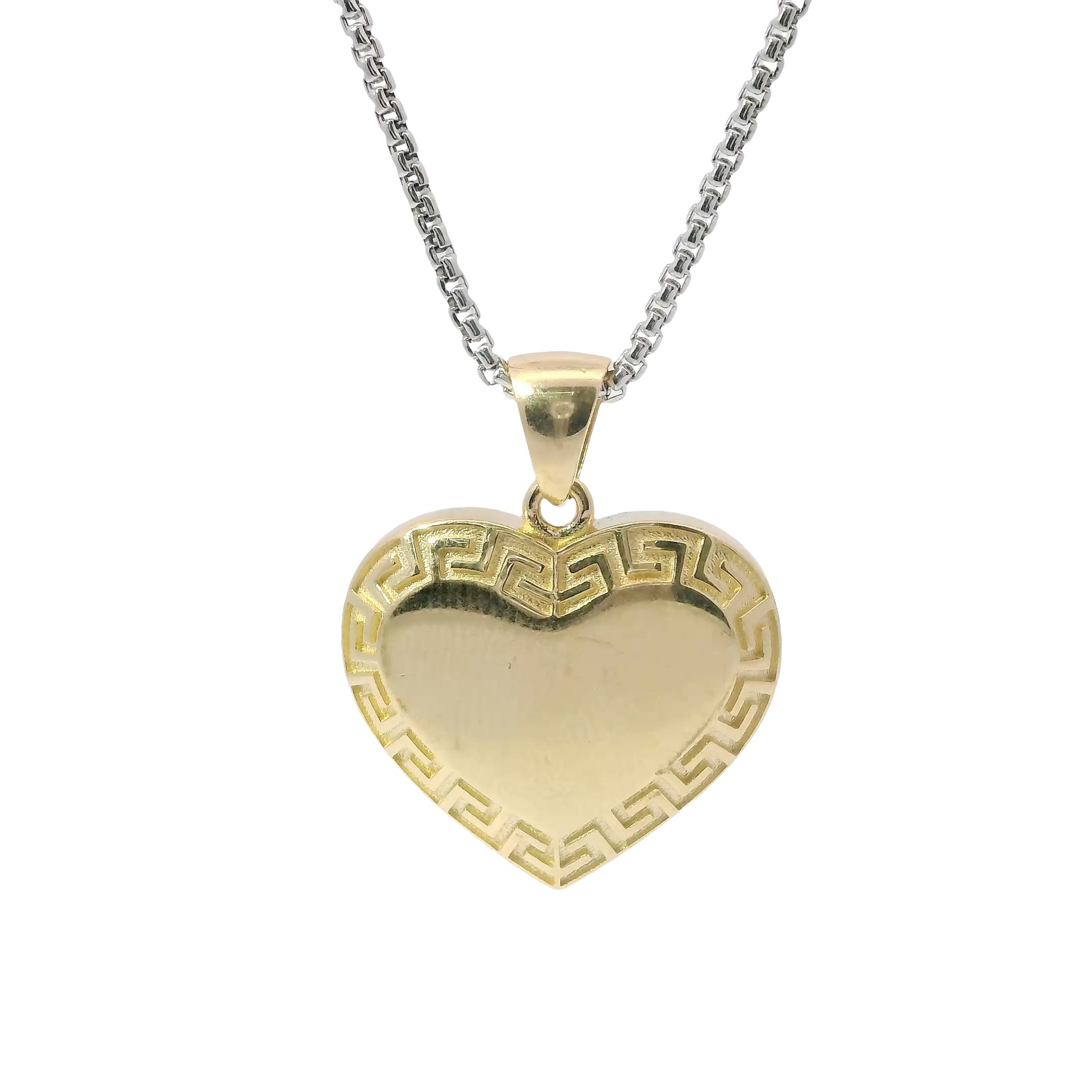 14KT Gold Charm Large Engravable Greek Border Heart with Plain Bell