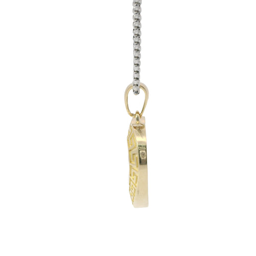14KT Gold Charm Large Engravable Greek Border Heart with Plain Bell