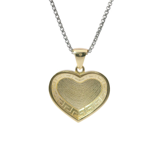 14KT Gold Charm Large Engravable Greek Border Heart with Plain Bell