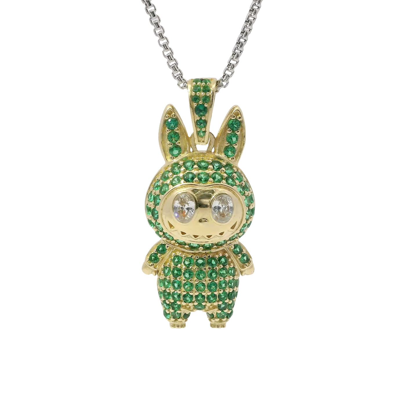 14KT Gold Charm Large 3D Flat Back LaBuBu White Oval CZ Stones Eyes, Green CZ Stones Body and Bell