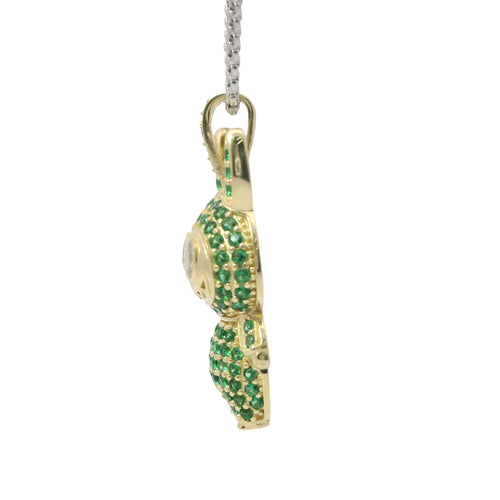 14KT Gold Charm Large 3D Flat Back LaBuBu White Oval CZ Stones Eyes, Green CZ Stones Body and Bell