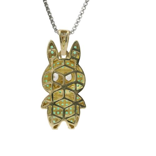 14KT Gold Charm Large 3D Flat Back LaBuBu White Oval CZ Stones Eyes, Green CZ Stones Body and Bell