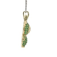 14KT Gold Charm Large 3D Flat Back LaBuBu White Oval CZ Stones Eyes, Green CZ Stones Body and Bell