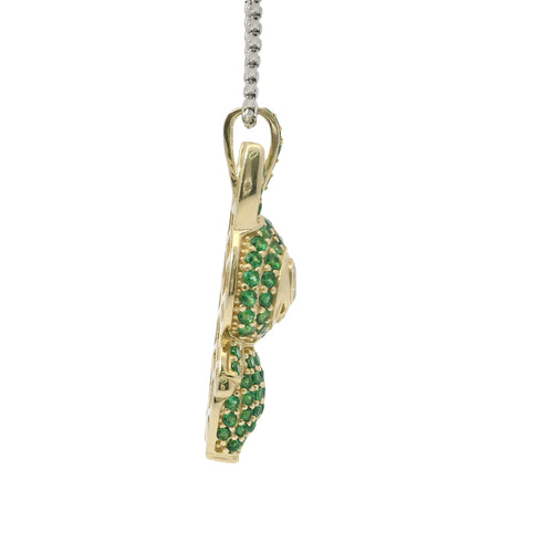 14KT Gold Charm Large 3D Flat Back LaBuBu White Oval CZ Stones Eyes, Green CZ Stones Body and Bell