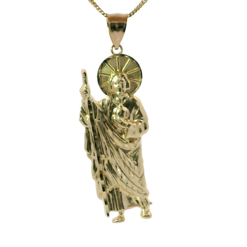 14KT Gold Charm Extra Large Diamond Cut Halo Left Facing St Jude with Plain Bell