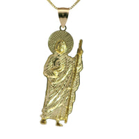 14KT Gold Charm Extra Large Diamond Cut Halo Left Facing St Jude with Plain Bell