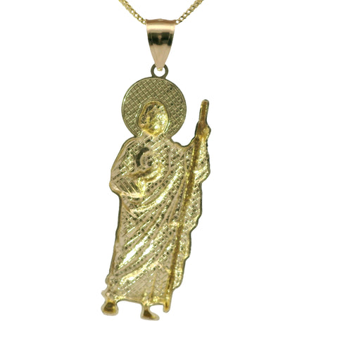 14KT Gold Charm Extra Large Diamond Cut Halo Left Facing St Jude with Plain Bell