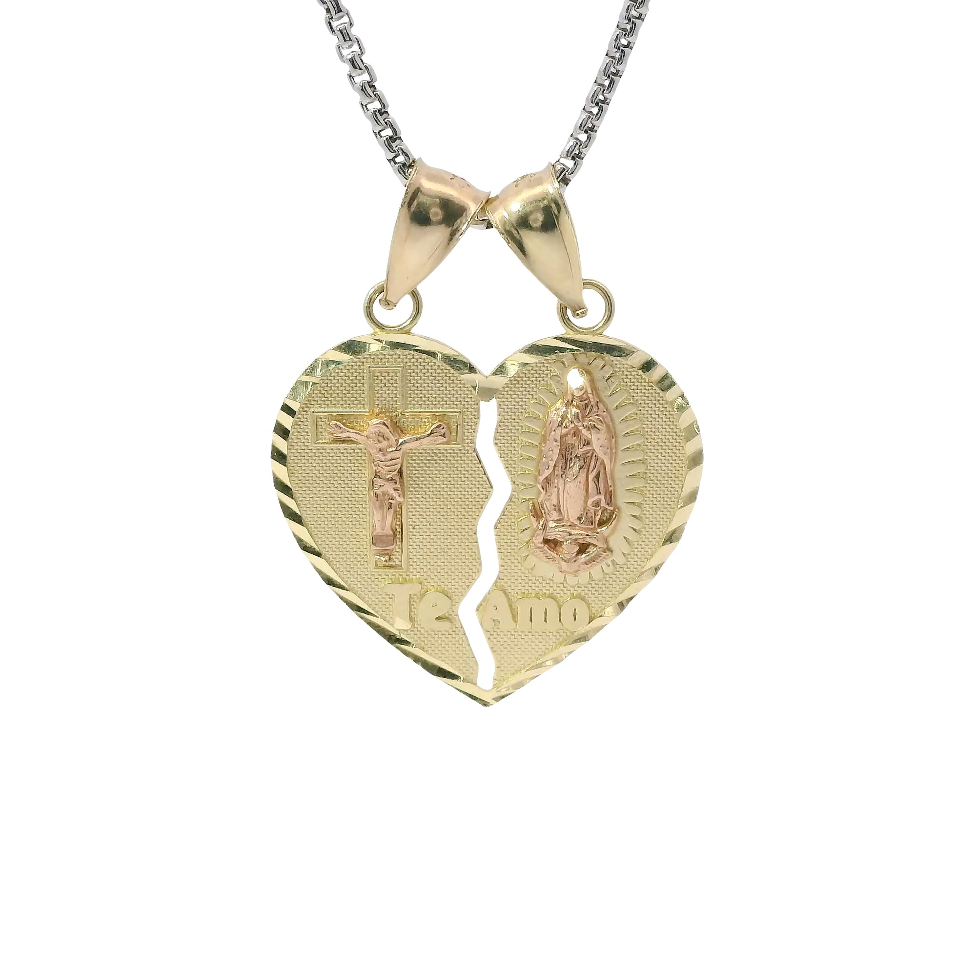 14KT Gold Charm Large Two Tone "Te Amo" Broken Heart with Left Jesus Crucifix and Right Virgin Mary with Diamond Cut Border and Double Plain Bell