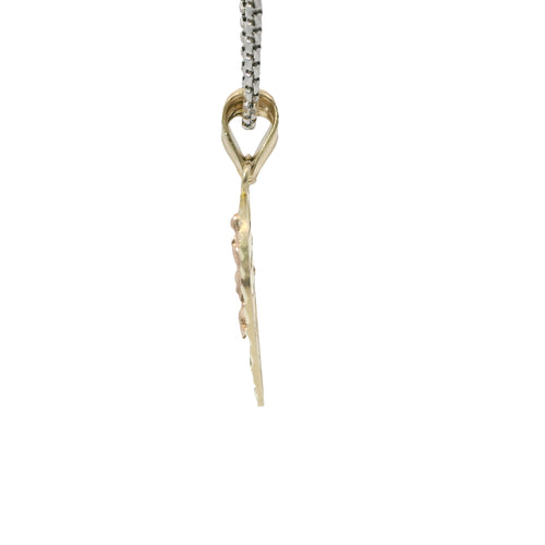 14KT Gold Charm Large Two Tone "Te Amo" Broken Heart with Left Jesus Crucifix and Right Virgin Mary with Diamond Cut Border and Double Plain Bell