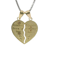14KT Gold Charm Large Two Tone "Te Amo" Broken Heart with Left Jesus Crucifix and Right Virgin Mary with Diamond Cut Border and Double Plain Bell